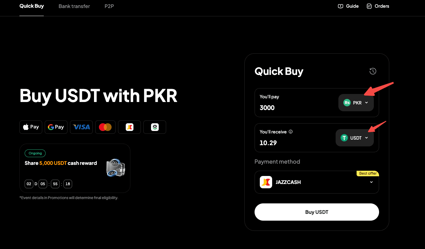 選擇「PKR」作為法定貨幣,並選擇「USDT」作為要購買的加密貨幣