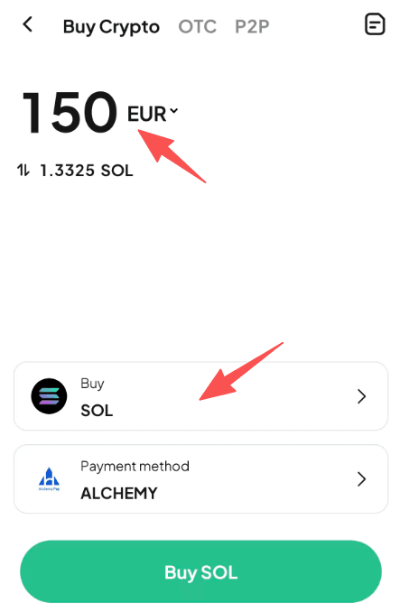 第二步：如何在WEEX上用欧元买入SOL? 应用程序版本