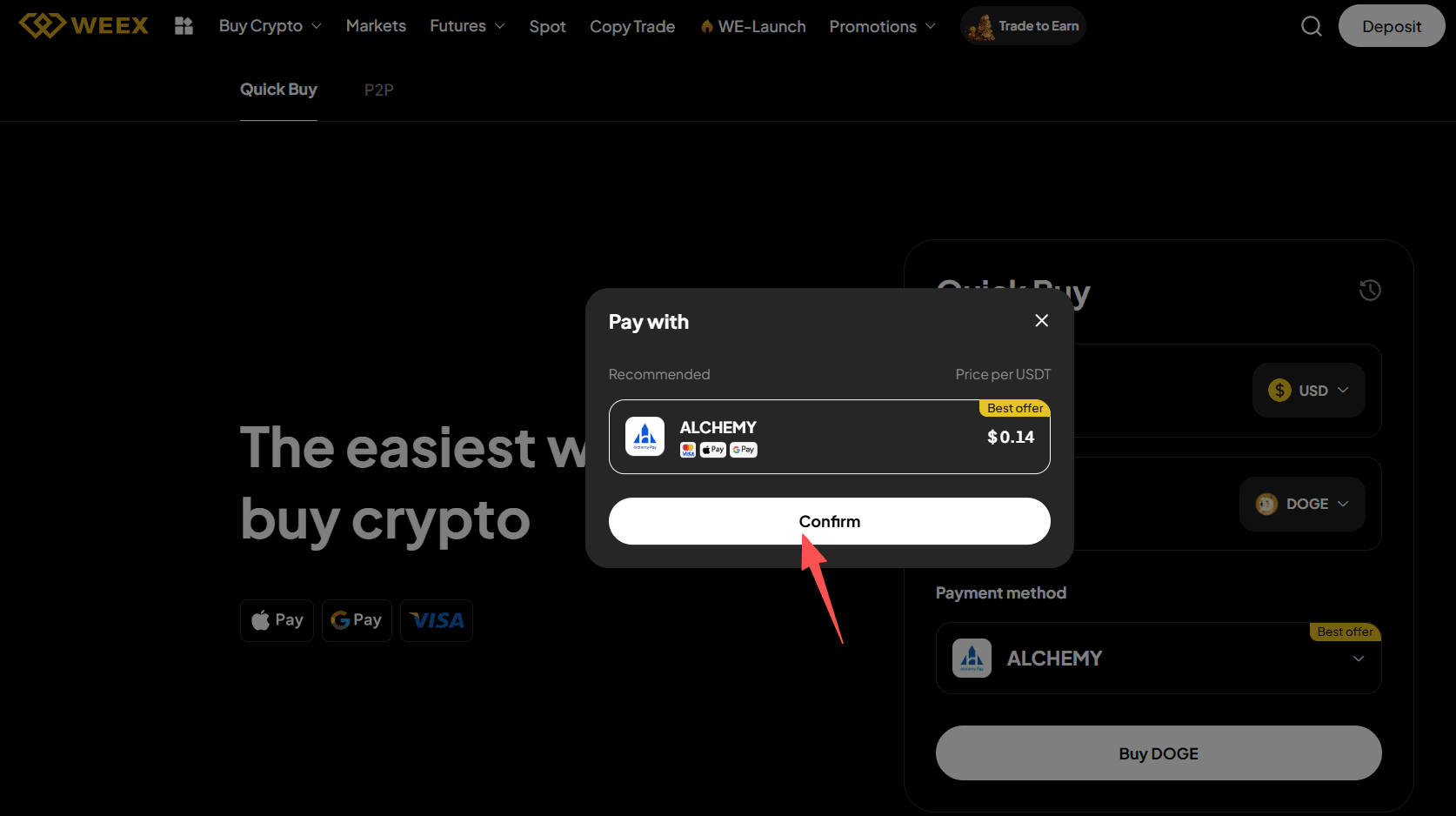 步骤2: 如何在WEEX场外交易用美元买入DOGE? Web 版本