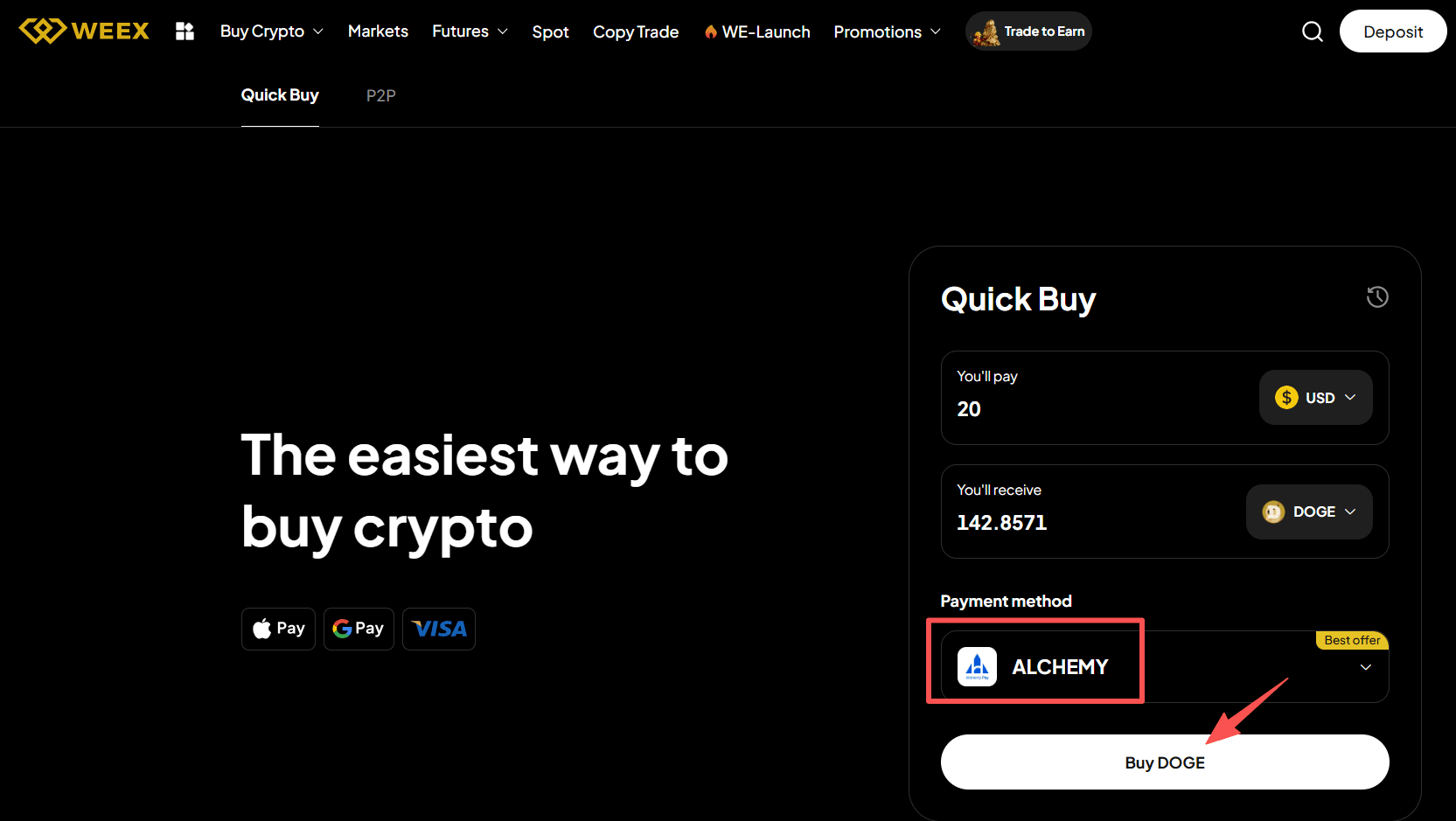 步骤3: 如何在WEEX场外交易用美元买入DOGE? Web 版本