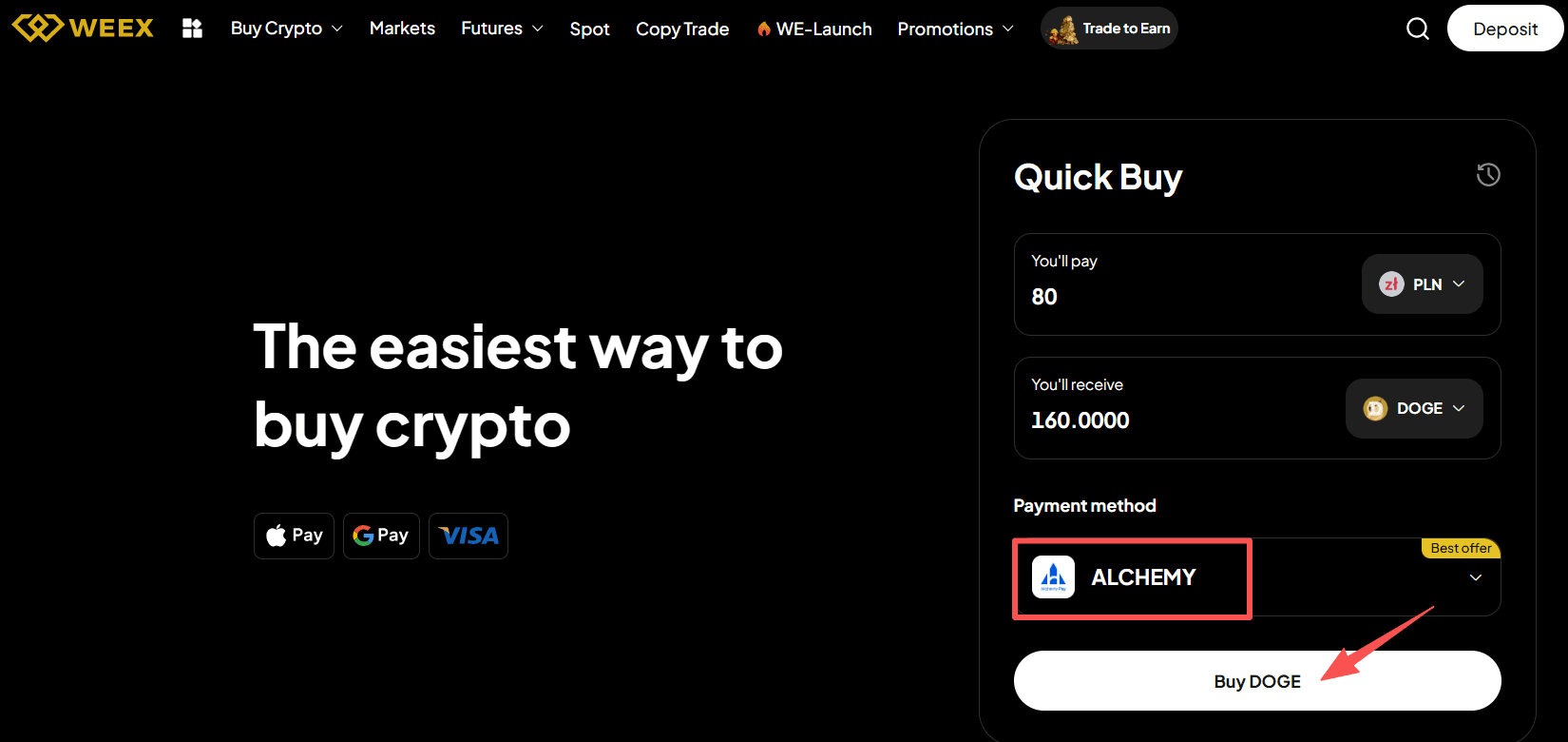 第三步:如何在WEEX OTC上买入DOGE with PLN? Web 版本